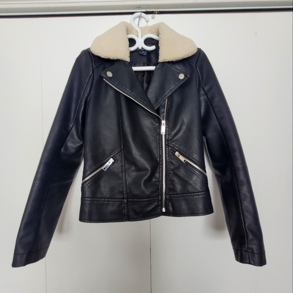 French Connection – Moto Faux Shearling Collared Faux Leather Jacket BLACK / XS